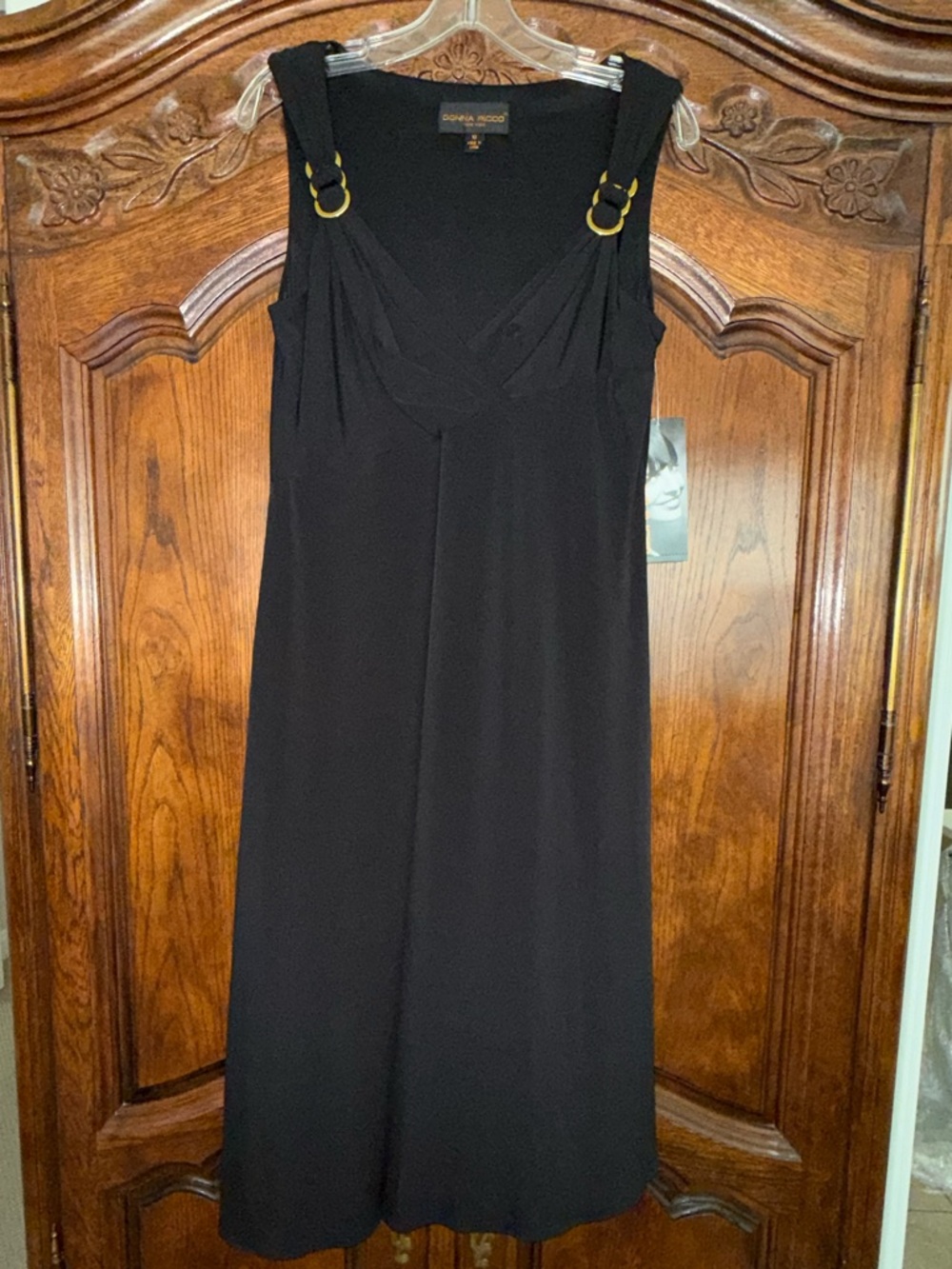 Donna Ricco Flowy Black Dress with Gold Hardware Strap Detail , Size 10 , NWT